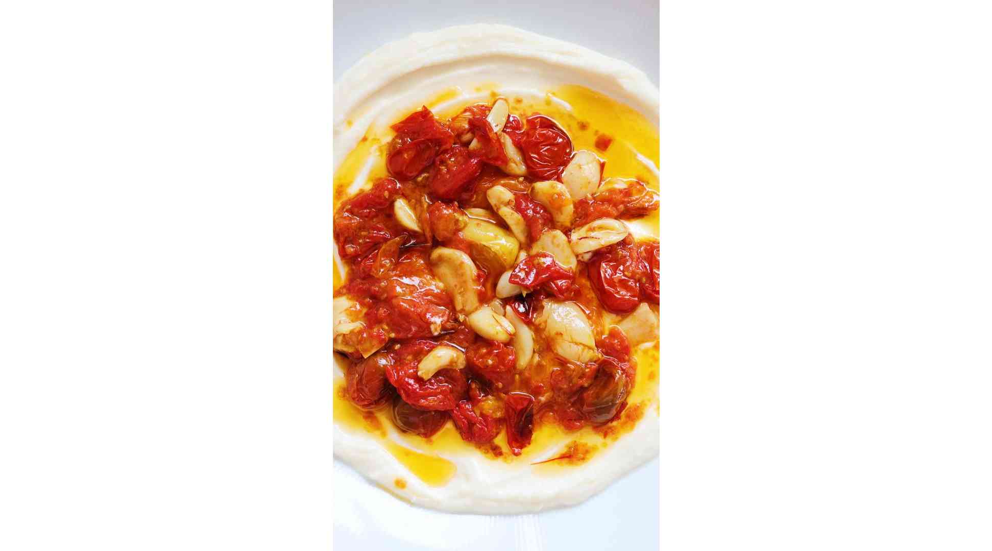 Heaven is this Honey Whipped Ricotta topped with Saffron Tomato Garlic