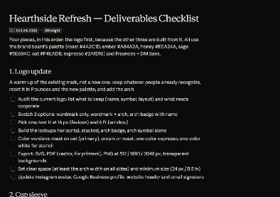 Hearthside refresh deliverables checklist