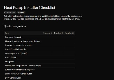Heat pump installer checklist