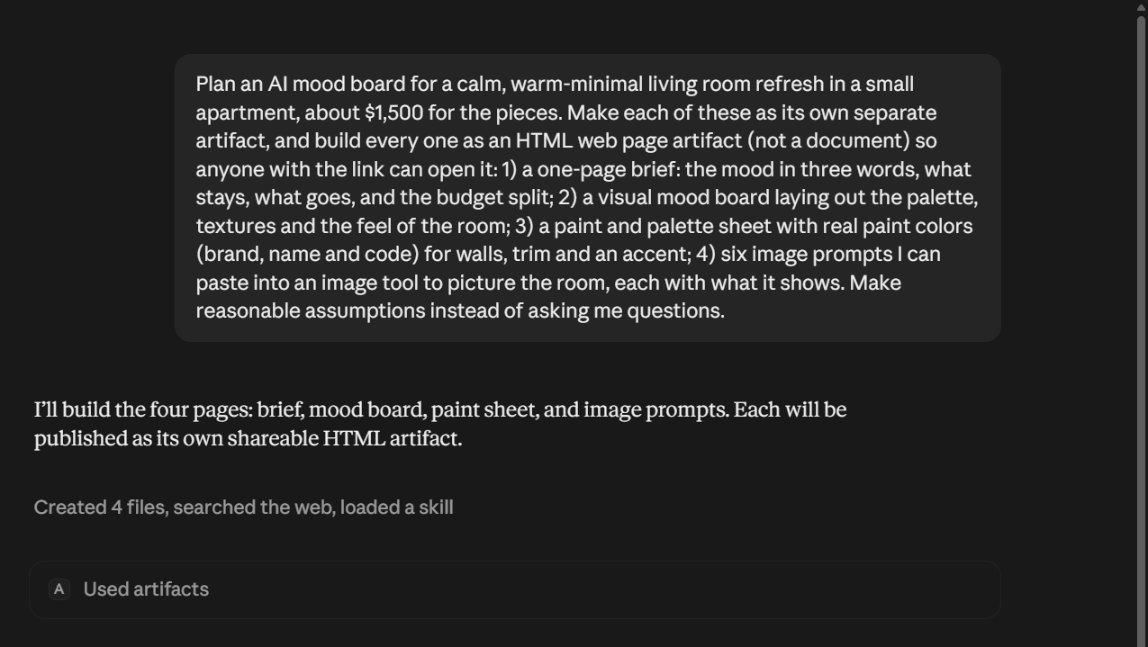 Claude chat: a calm living room, planned with AI