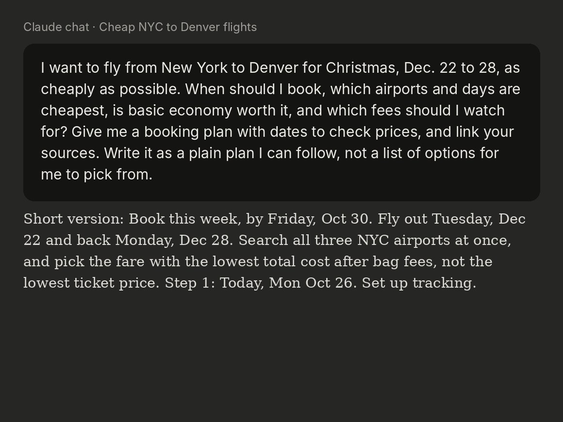 Claude chat: a cheap Christmas flight plan, New York to Denver
